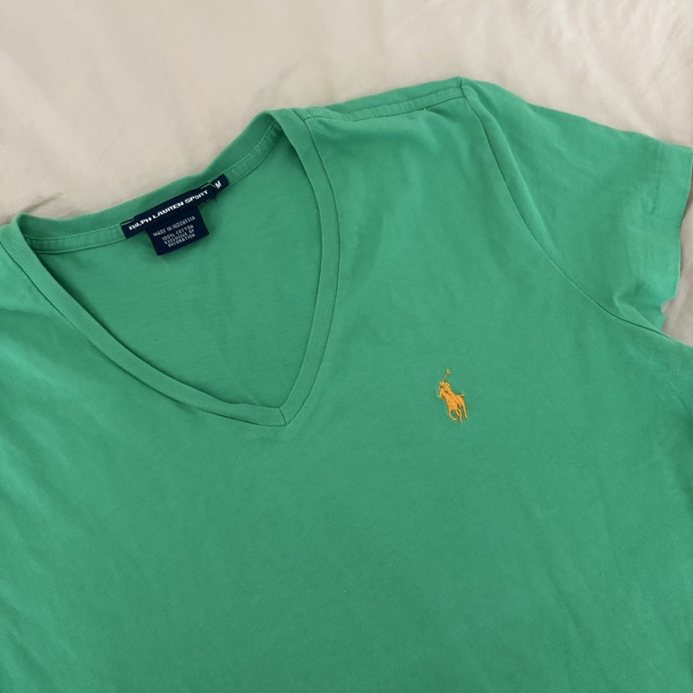 Ralph Lauren Sport Shirt Women's M Green Top Orange Pony V Neck Short Sleeve